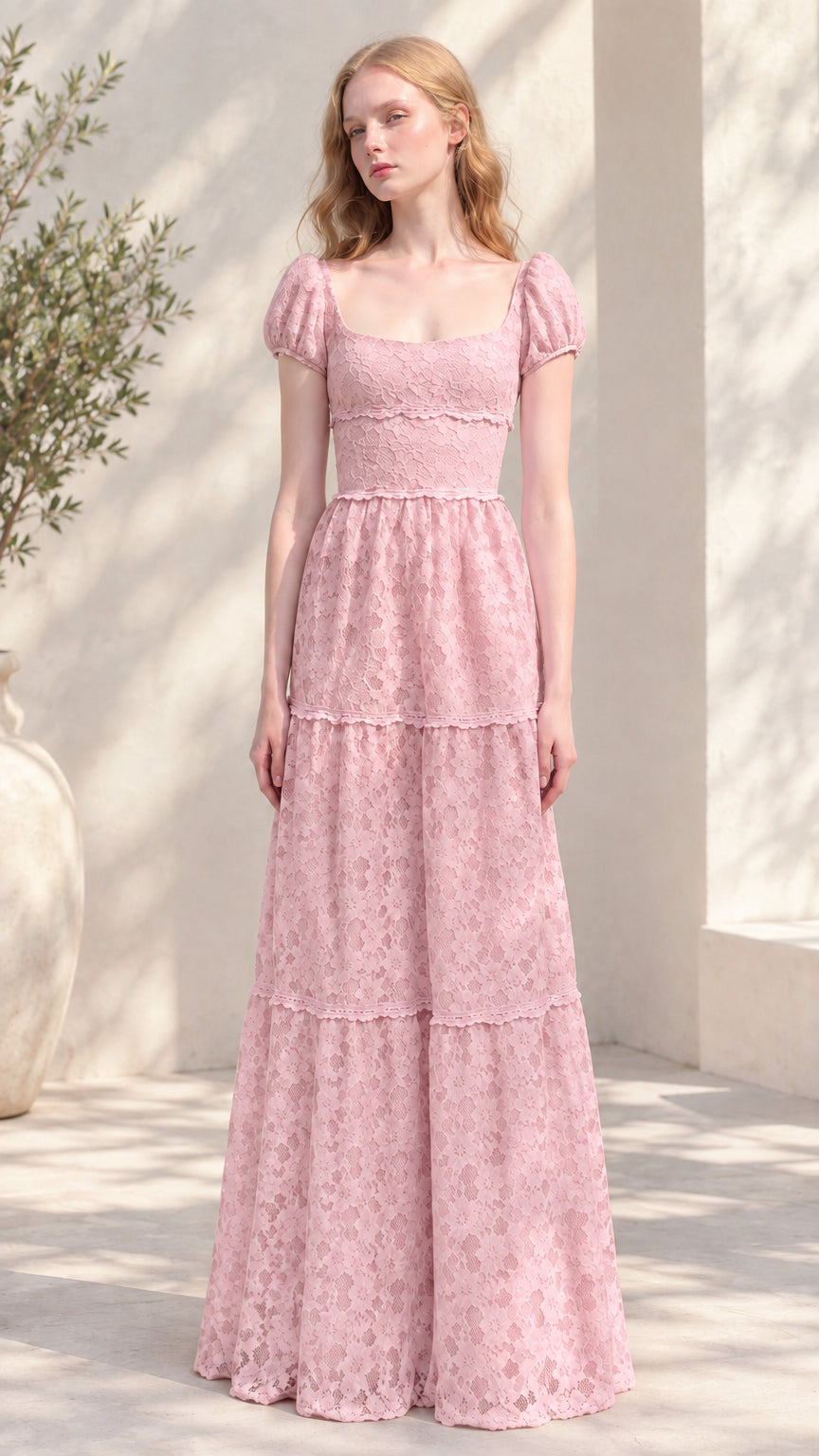 Front view of dusty pink floral lace tiered puff sleeve maxi dress