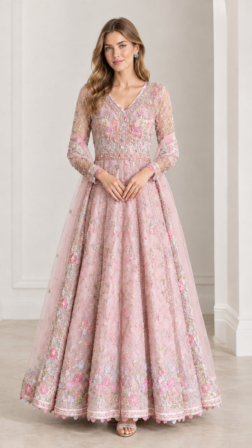 Full front view of model wearing Dusty Pink floral embroidered evening gown