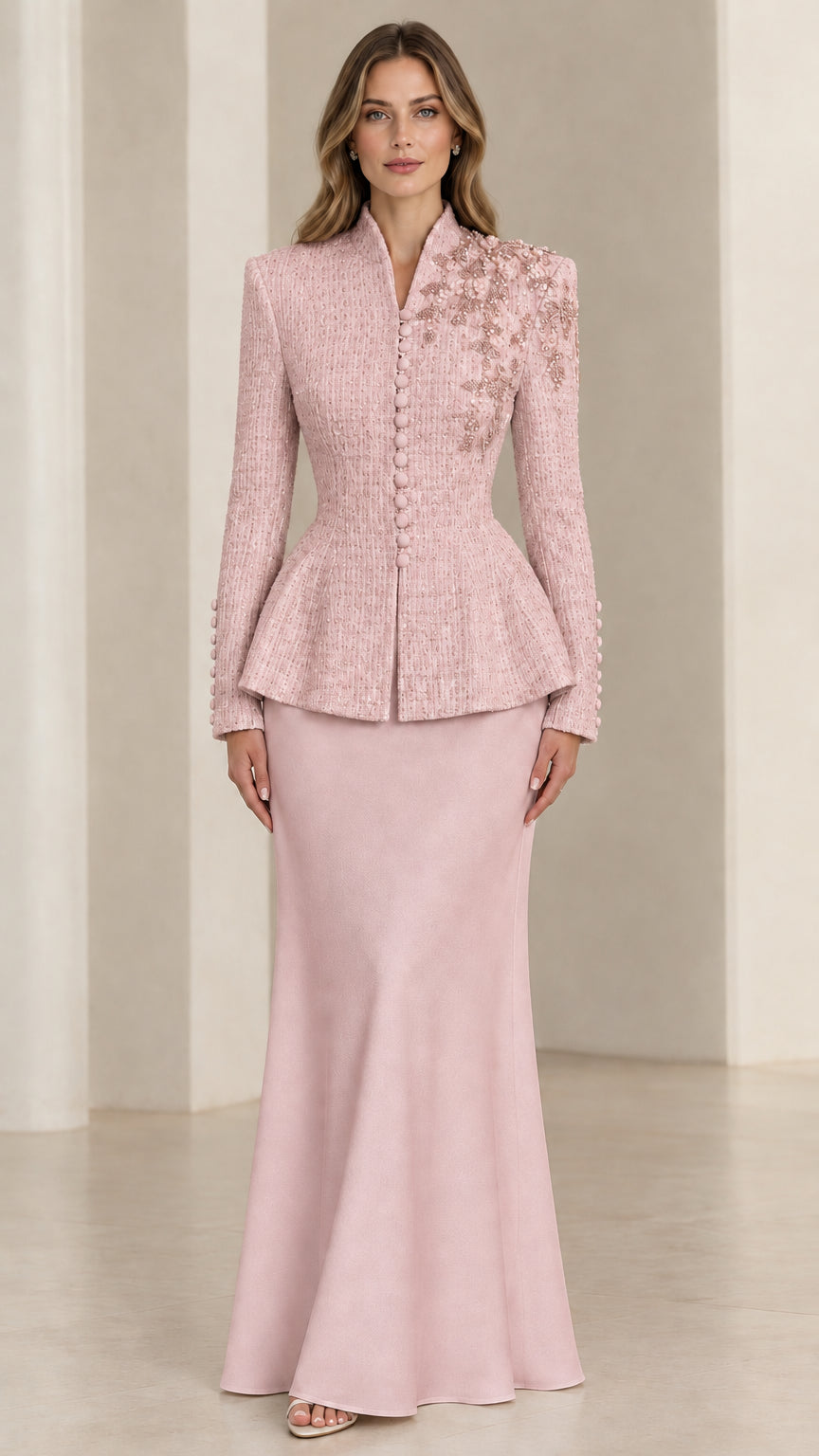 Blush pink beaded peplum jacket and long skirt formal two-piece set