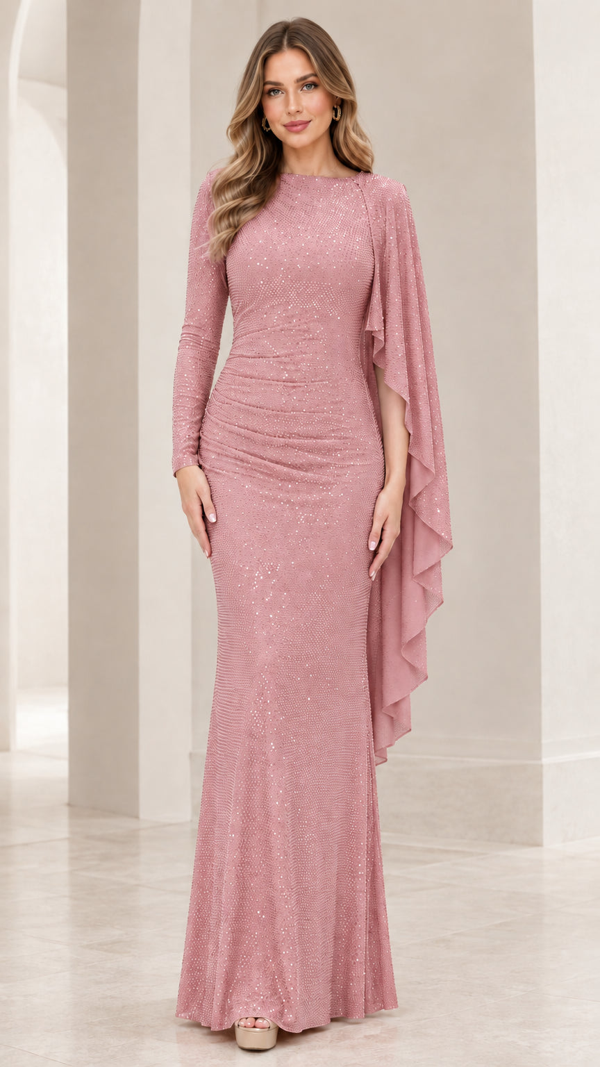 Dusty Rose sequin maxi dress featuring draped cape sleeve and ruched waist