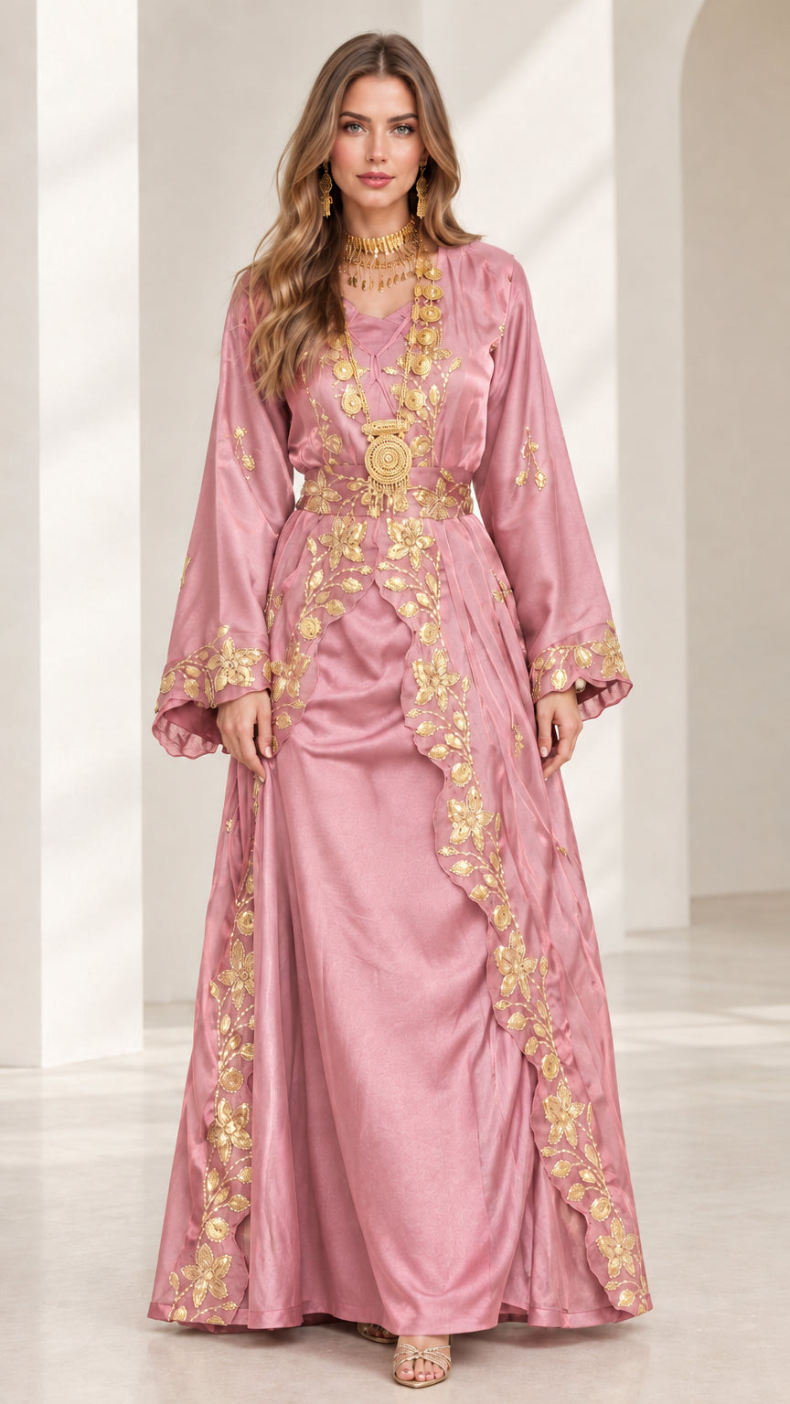 Front view of dusty pink satin embroidered evening kaftan dress
