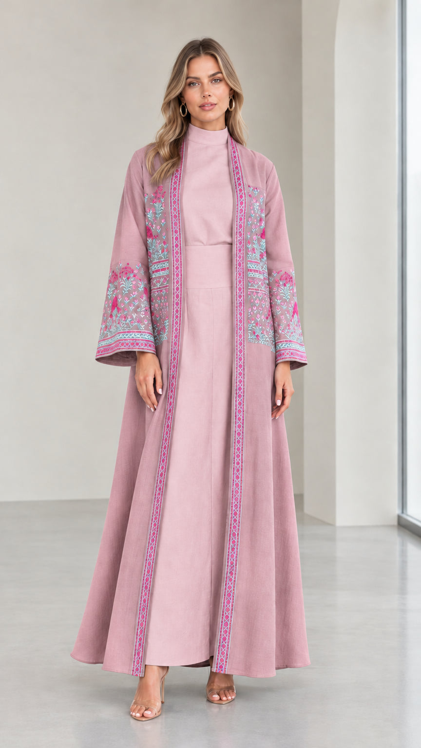 Front view of woman wearing Dusty Pink embroidered two-piece abaya set