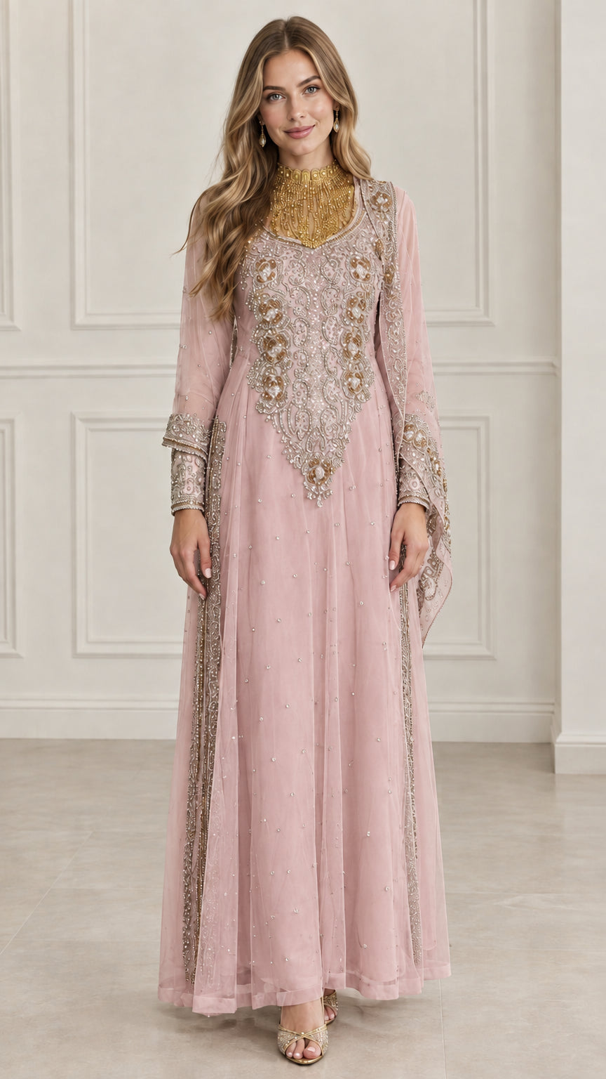 Front view of blush pink embroidered kaftan evening maxi dress