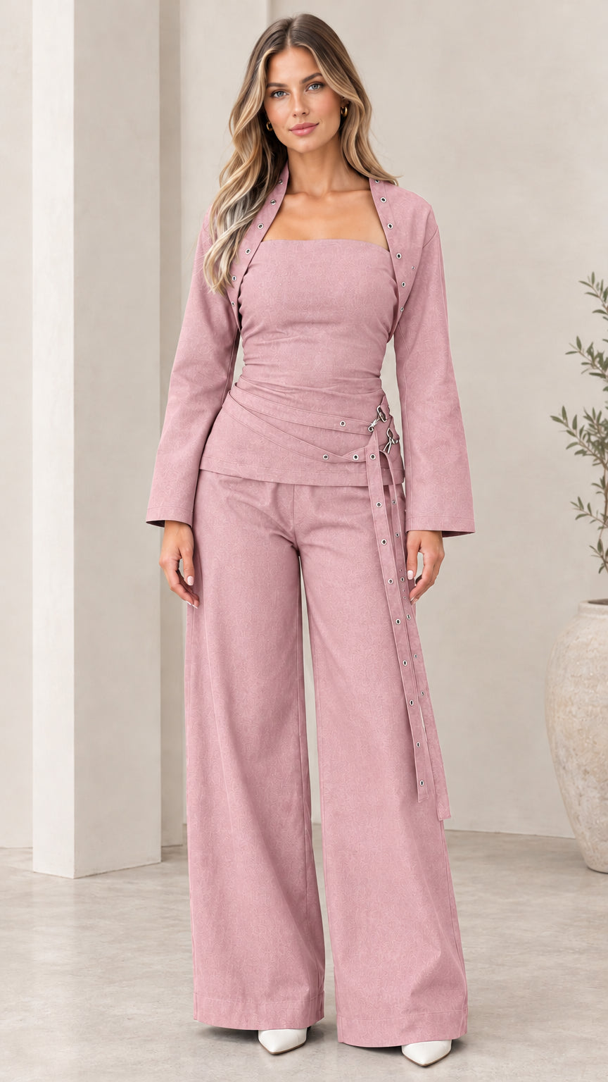 Model wearing Dusty Pink tailored bandeau and wide leg trousers set