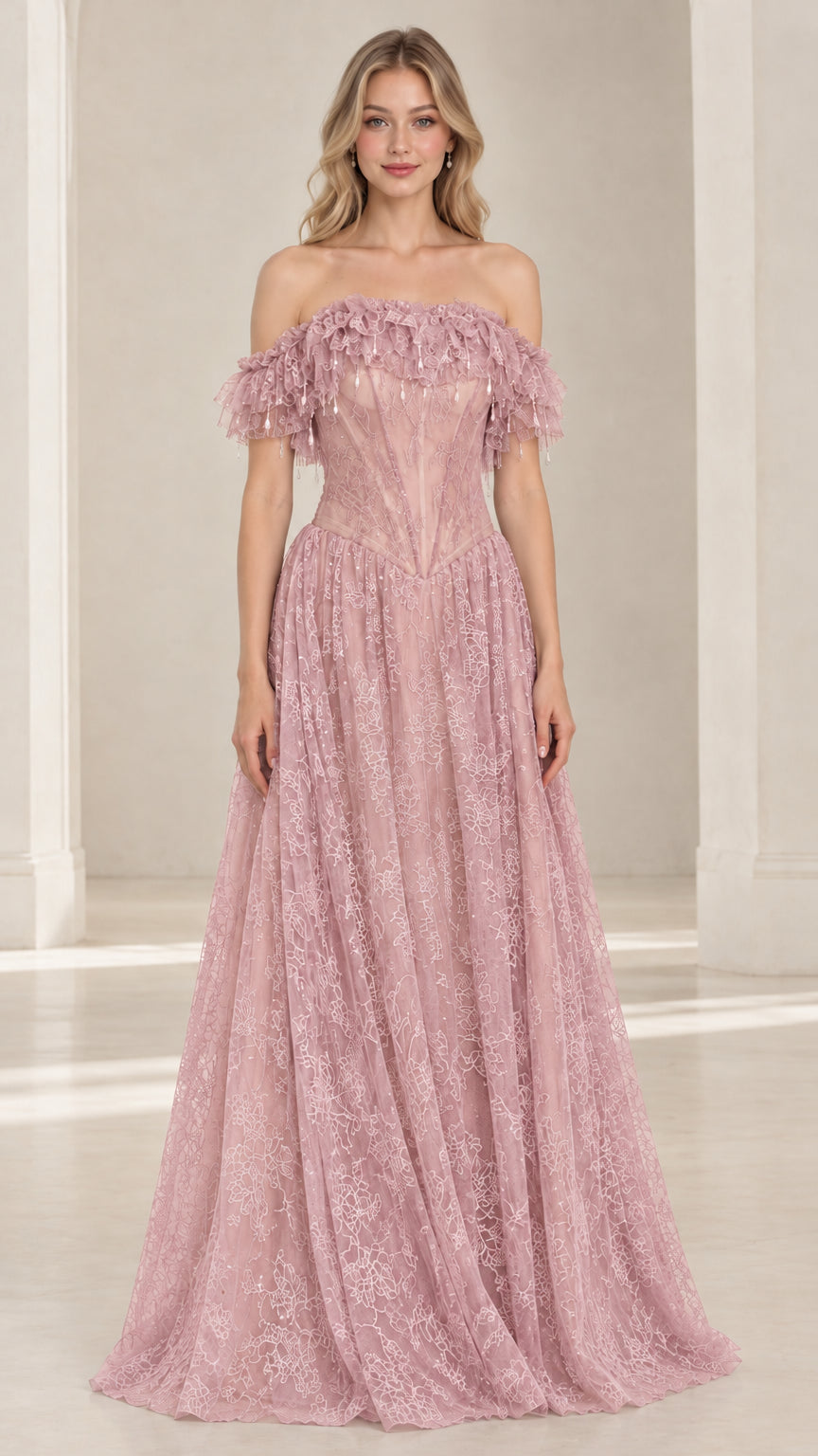 Dusty Rose off-the-shoulder beaded lace evening gown