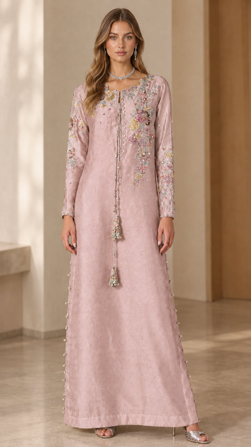 Blush pink long sleeve floral beaded maxi kaftan dress