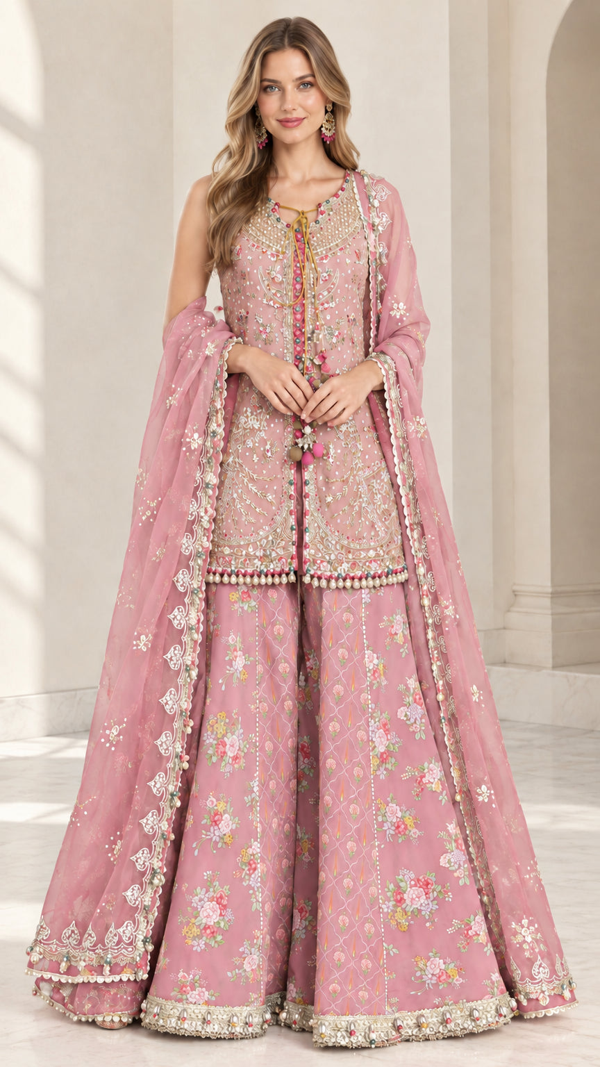 Full-length view of Dusty Pink embellished sharara suit set with flared bottoms