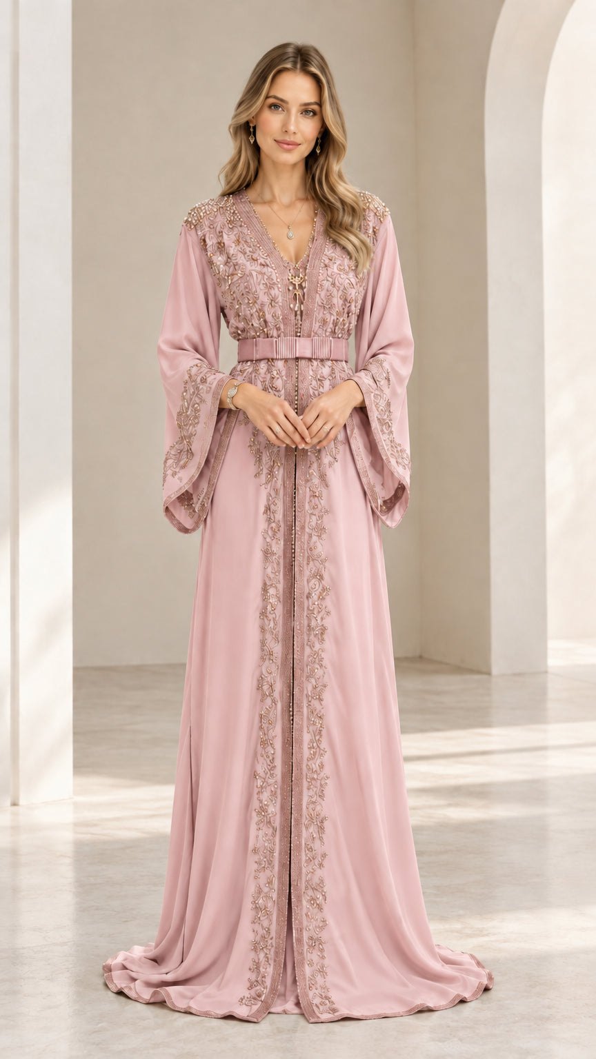 Front view of blush pink embroidered bell sleeve evening kaftan gown