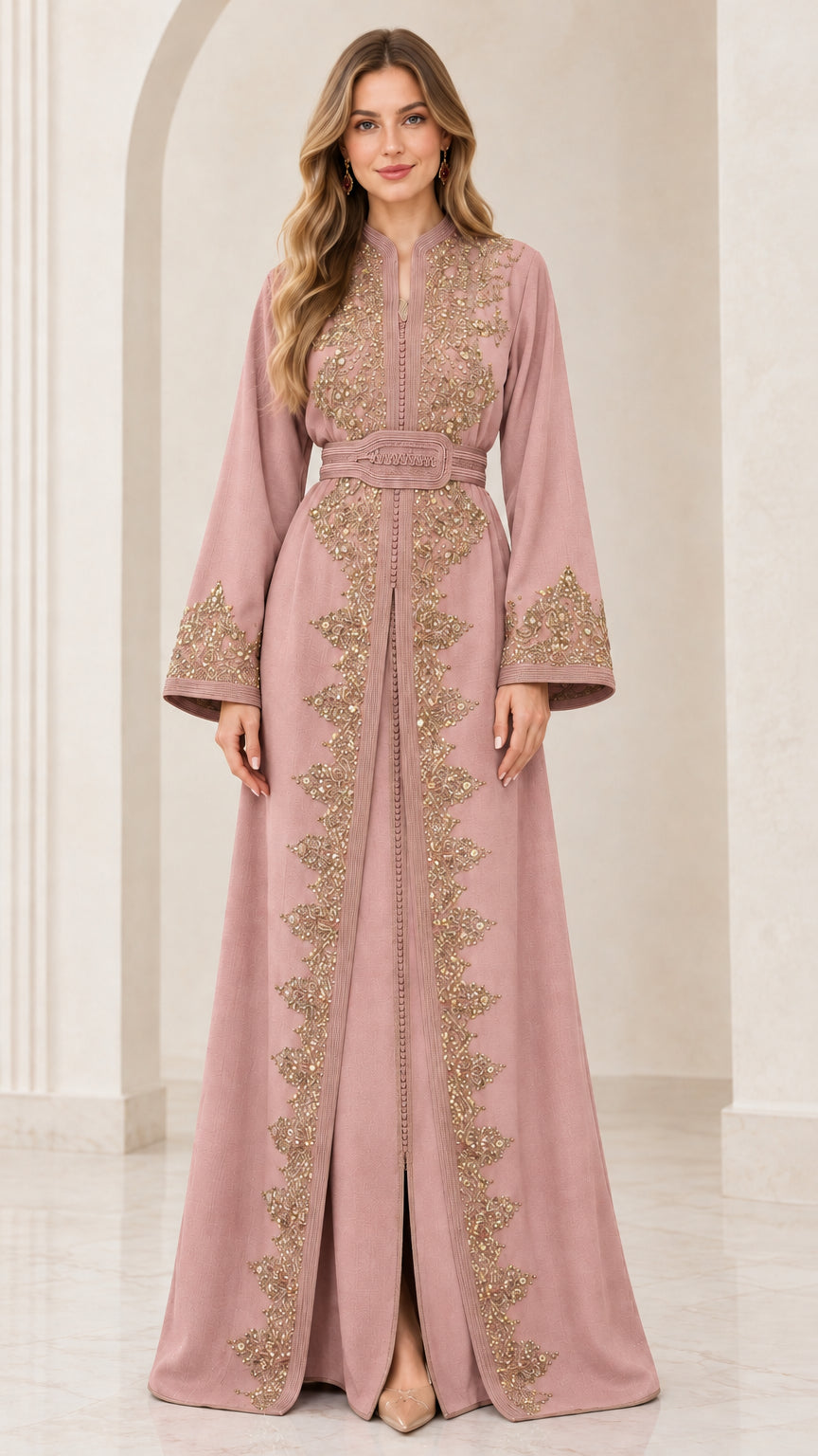 Model wearing Dusty Pink modest embroidered kaftan gown with belt