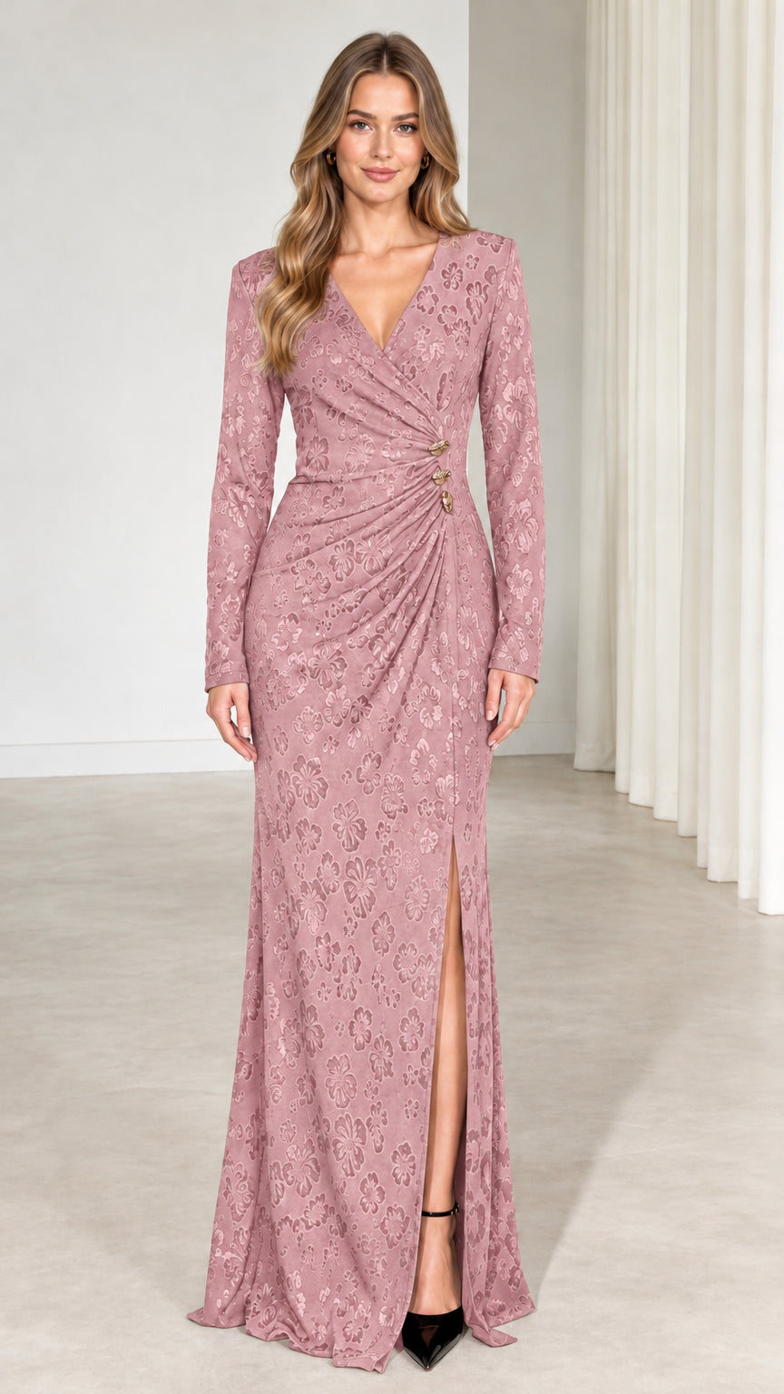 Dusty pink long sleeve jacquard evening maxi dress with ruched waist detail