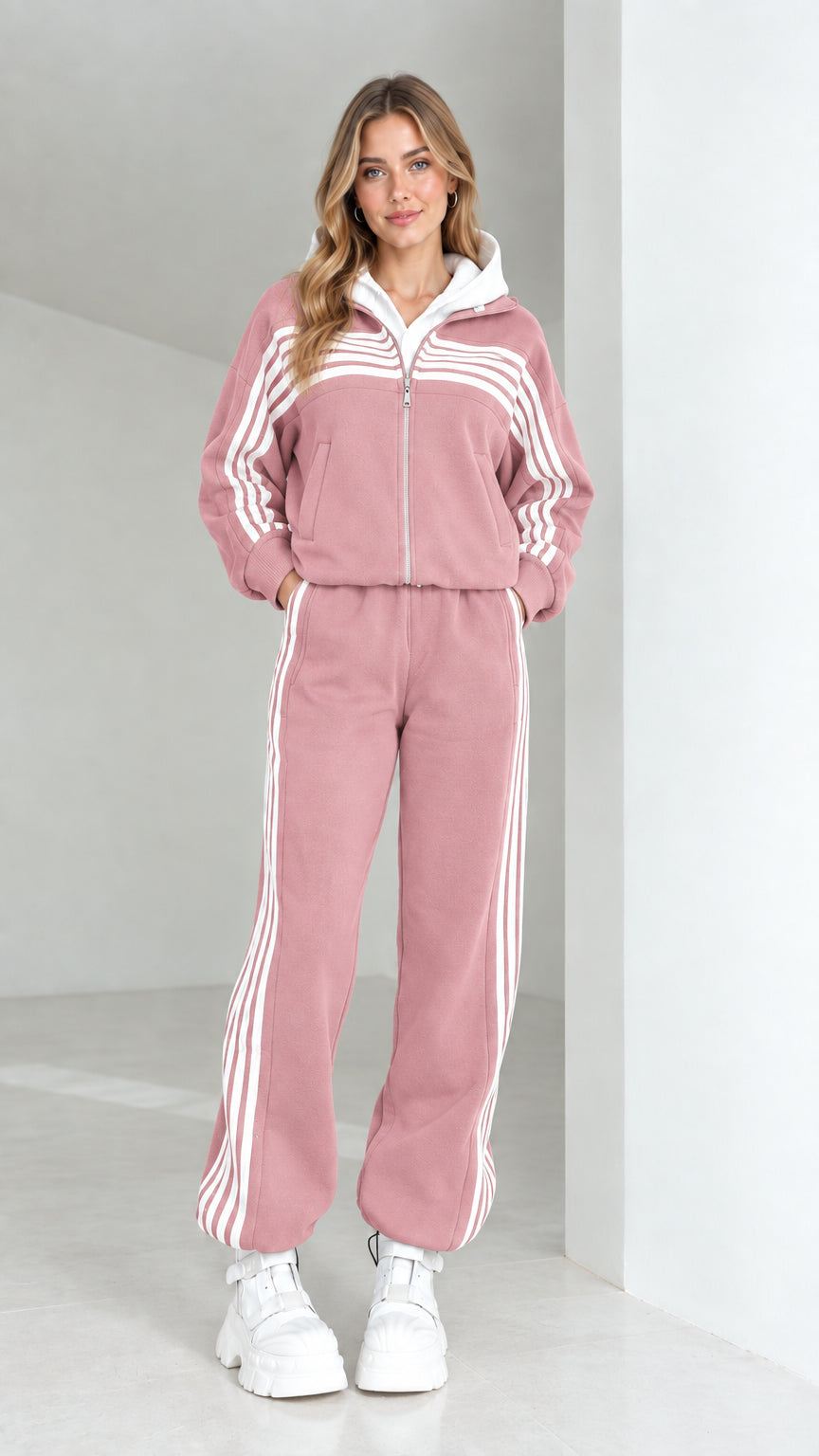 Woman wearing dusty pink striped 2-piece hooded tracksuit set