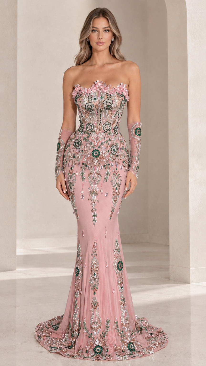 Front view of blush pink strapless beaded mermaid evening dress