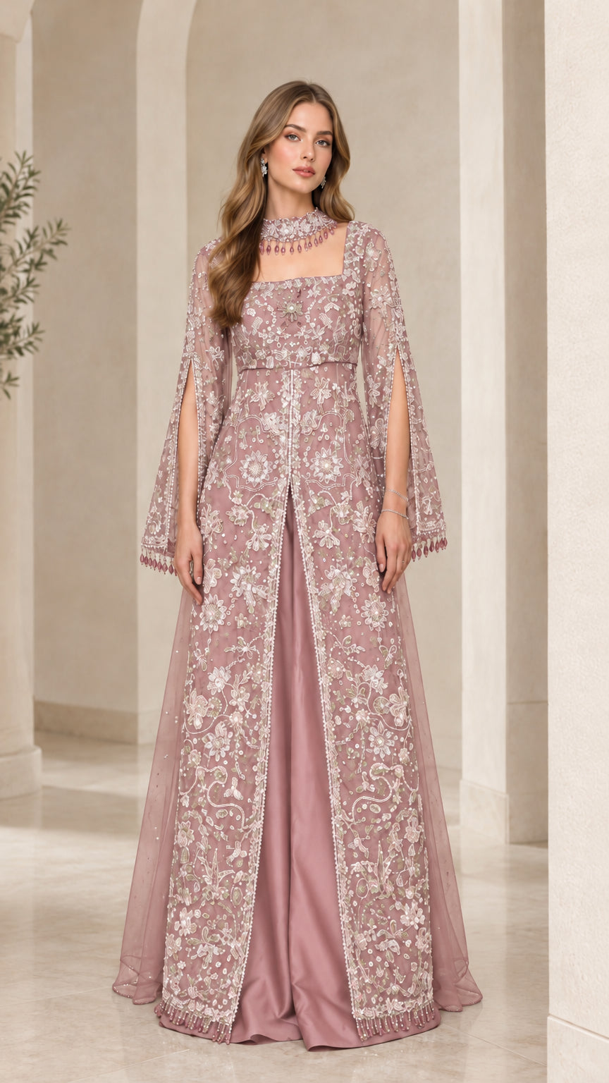 Dusty rose pink embroidered evening dress with sheer open-front overlay and slit sleeves