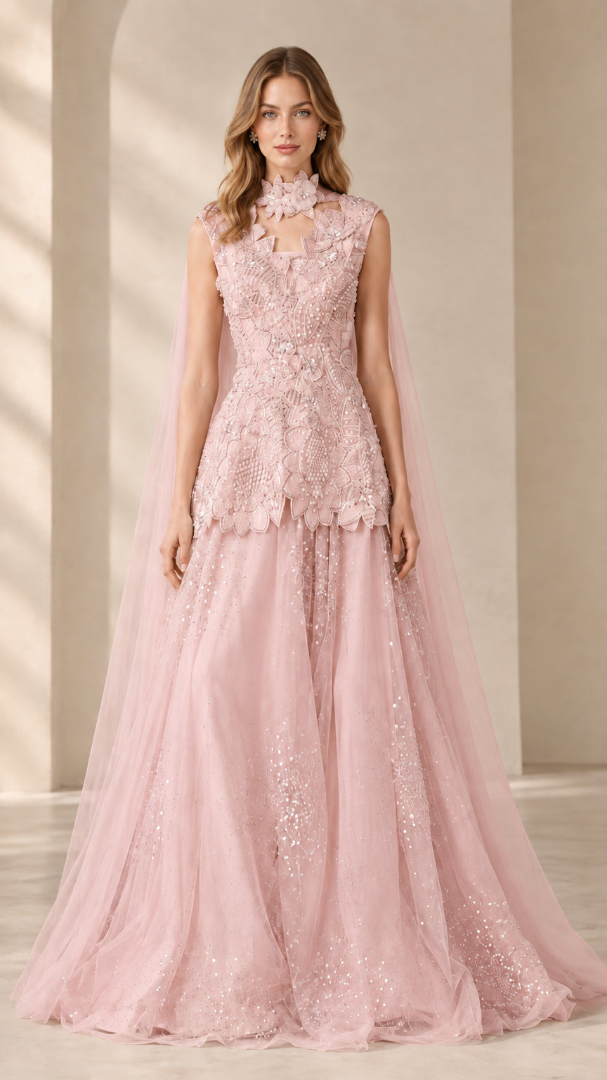 Blush Pink embellished peplum evening gown with floor-length tulle skirt