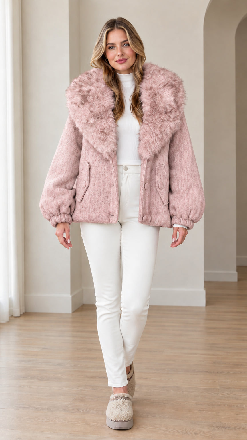 Front view of woman wearing dusty pink textured faux fur hooded jacket