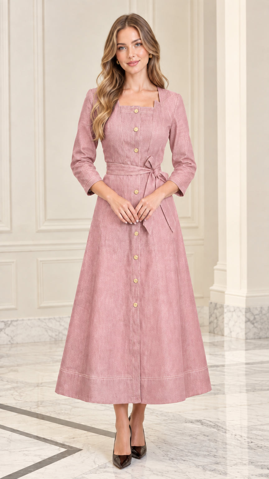 Model wearing Dusty Pink square neck button-down midi dress with tie belt