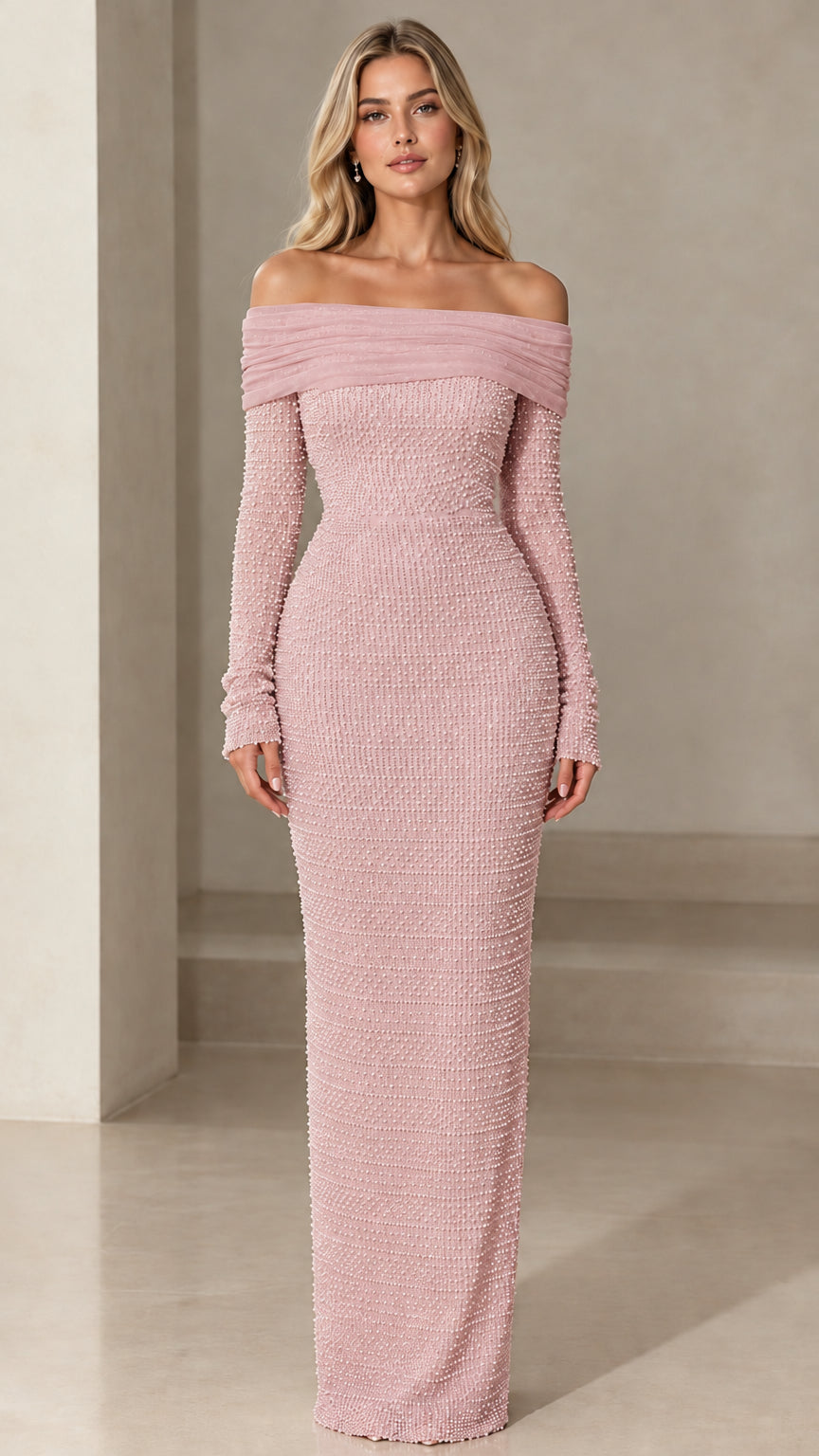 Model wearing dusty pink off-the-shoulder pearl embellished long sleeve evening gown