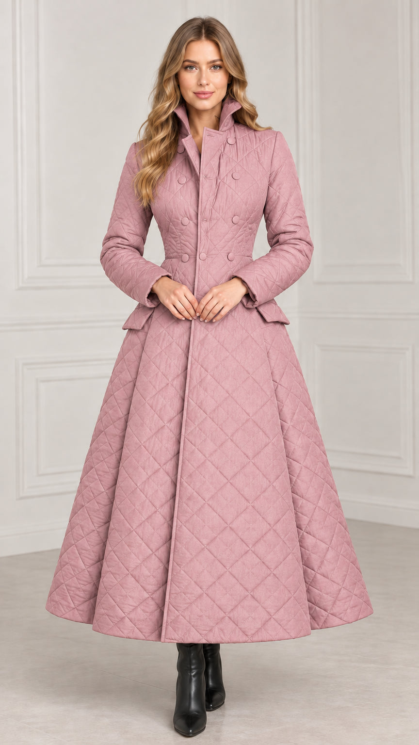 Model wearing dusty pink diamond quilted flared maxi coat