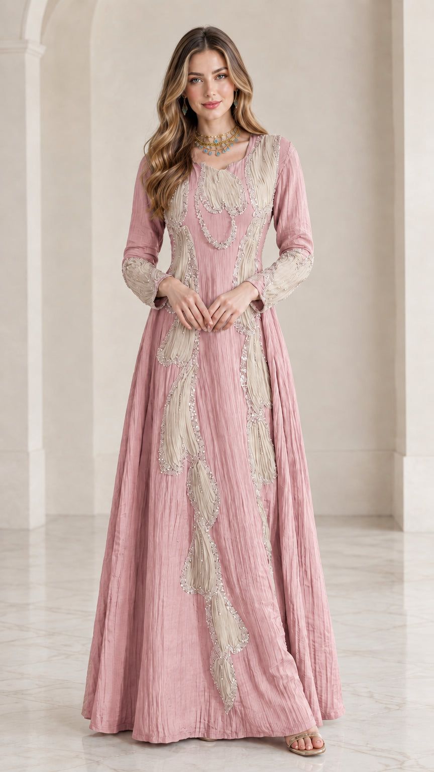 Full front view of dusty pink crinkle maxi dress with cream beaded trim