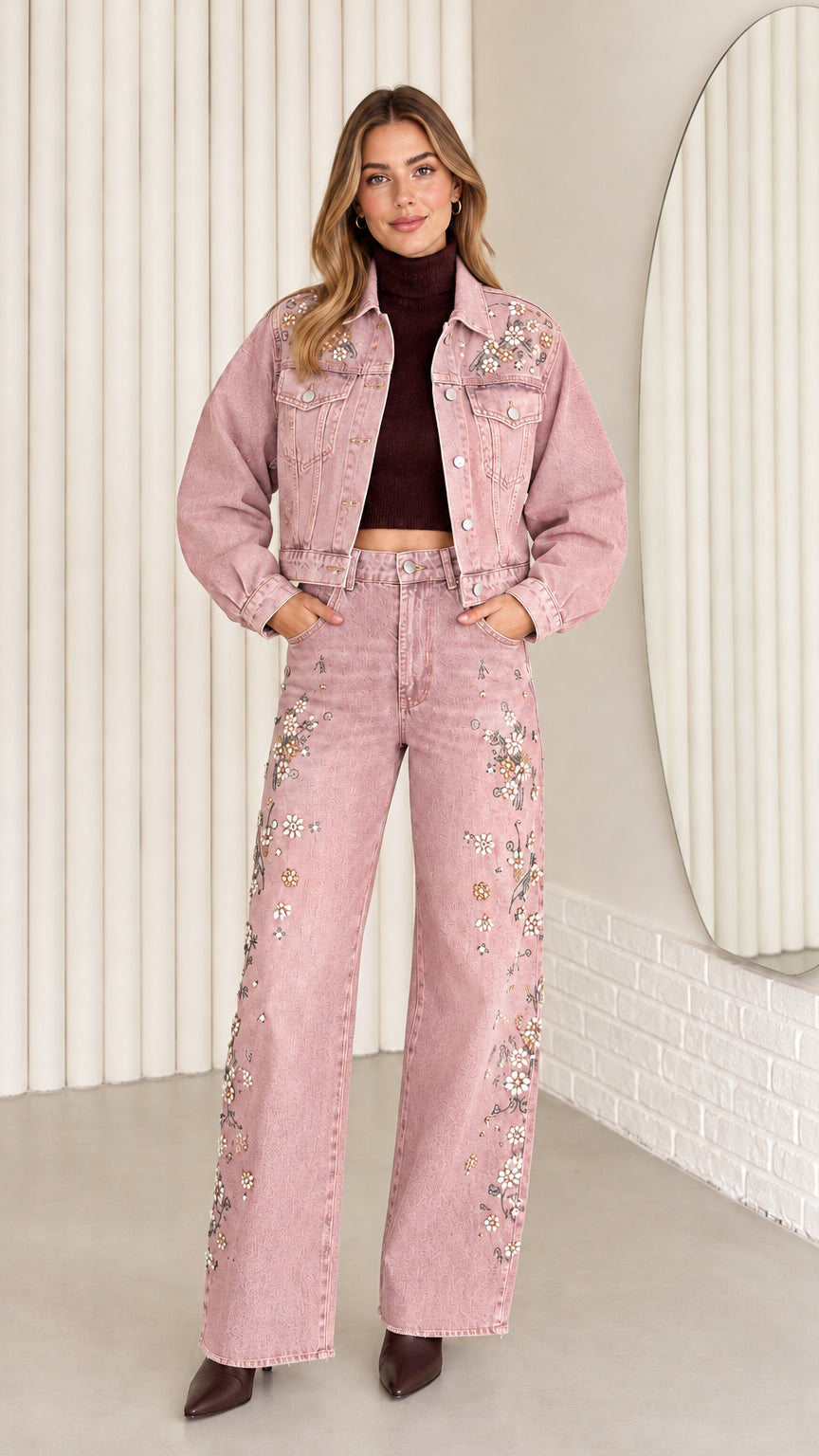 Model wearing Dusty Pink floral embellished denim jacket and wide-leg pants set