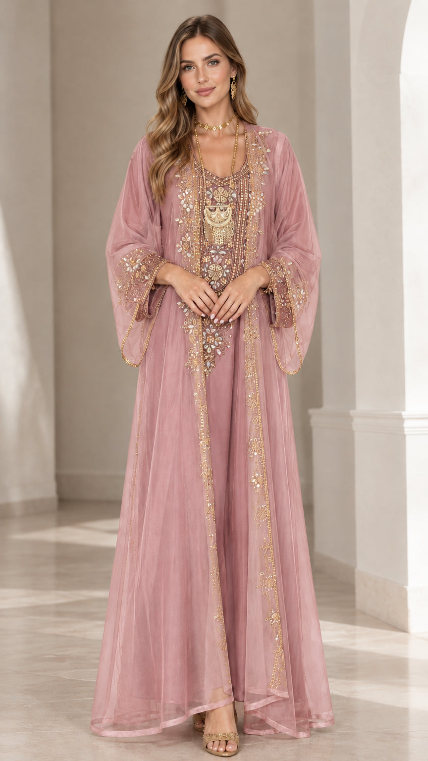Dusty Rose embroidered sheer overlay kaftan abaya maxi dress front view