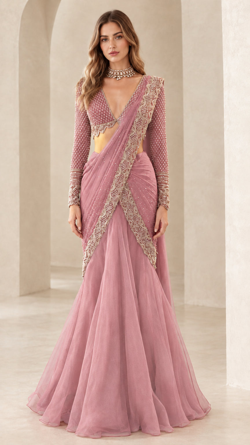Dusty pink pre-draped lehenga saree with ornate border embroidery