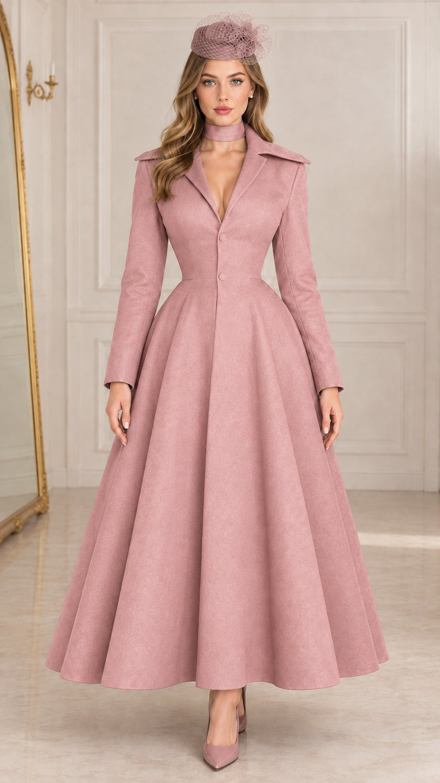Model wearing Dusty Pink vintage lapel long sleeve corset-back maxi dress