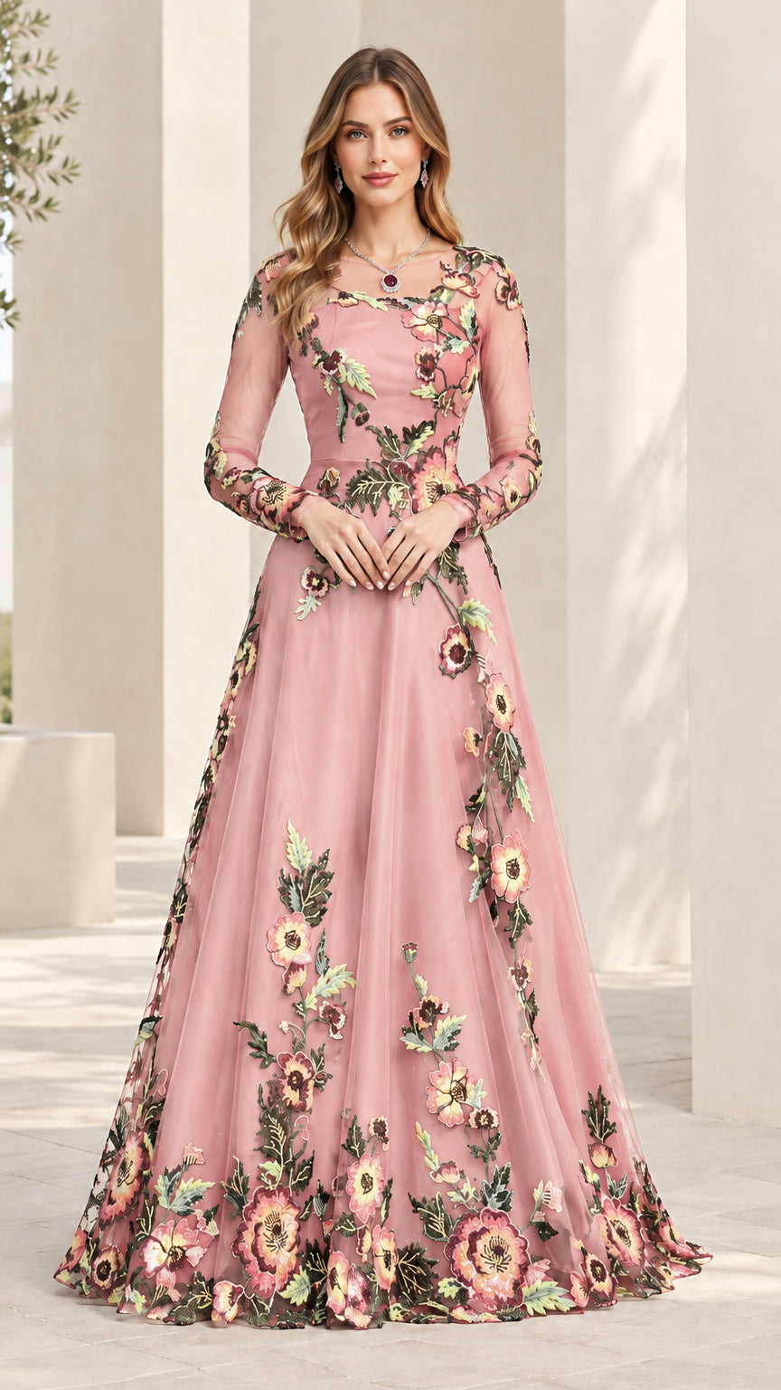 Blush pink floral embroidered long sleeve floor-length formal gown