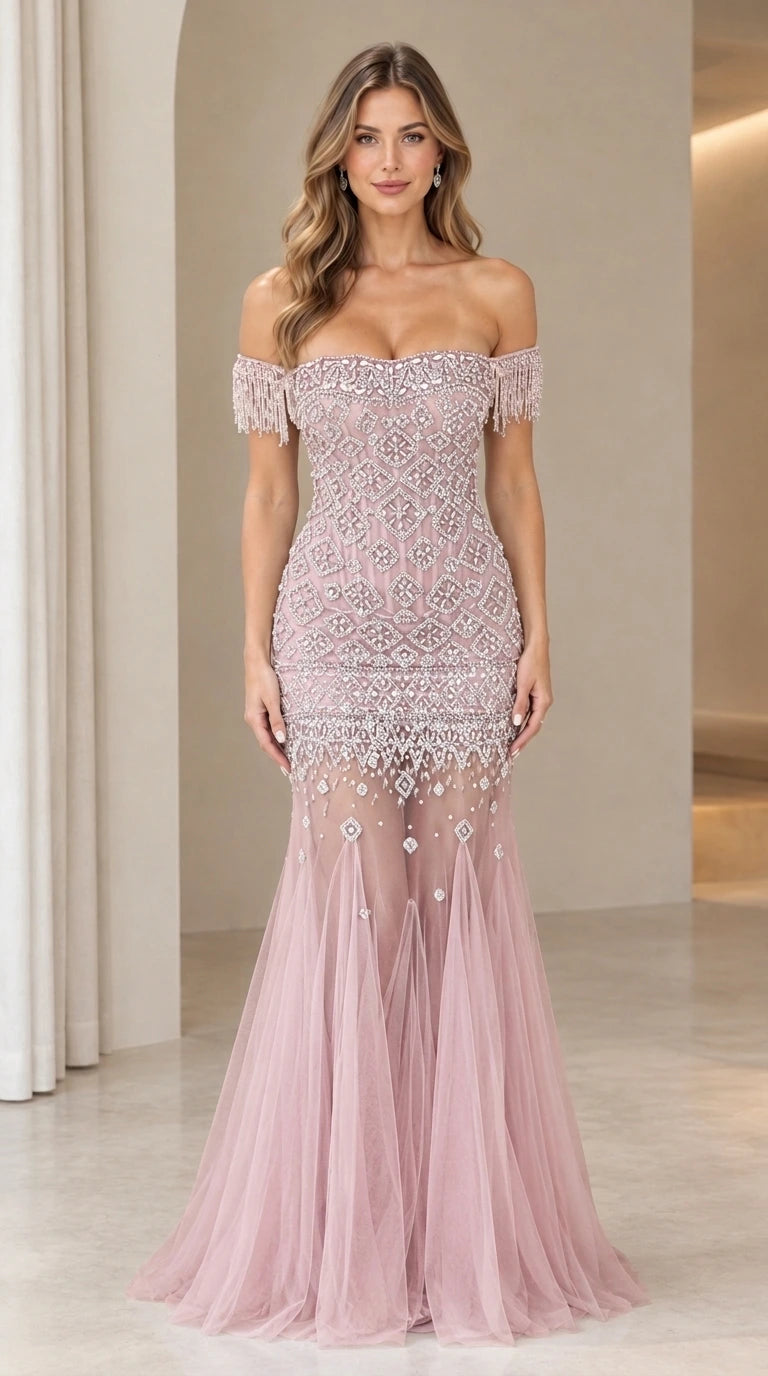 Blush pink beaded off-the-shoulder mermaid gown with tassel sleeves