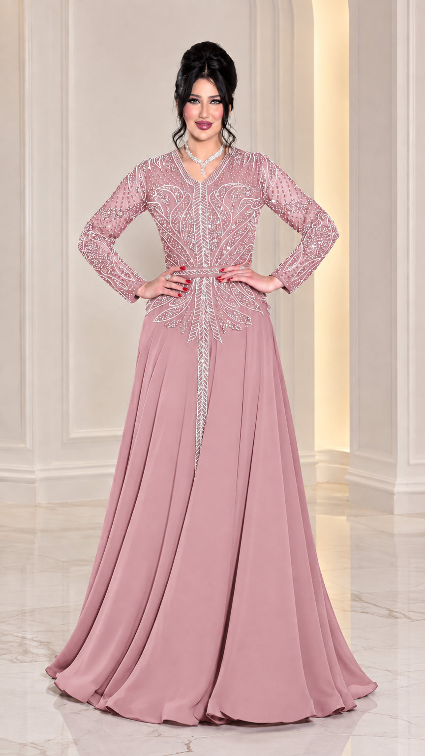 Dusty rose pink long sleeve embellished formal maxi dress