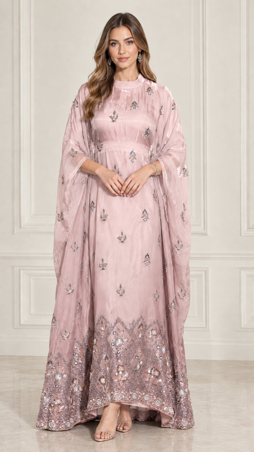 Dusty Rose pink embroidered cape sleeve floor length evening dress