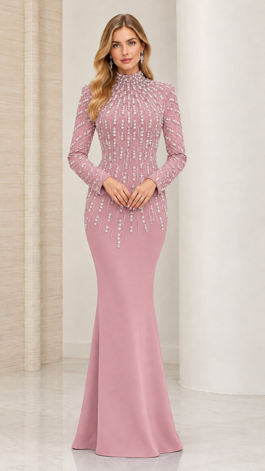 Front view of dusty pink high neck crystal beaded mermaid evening dress