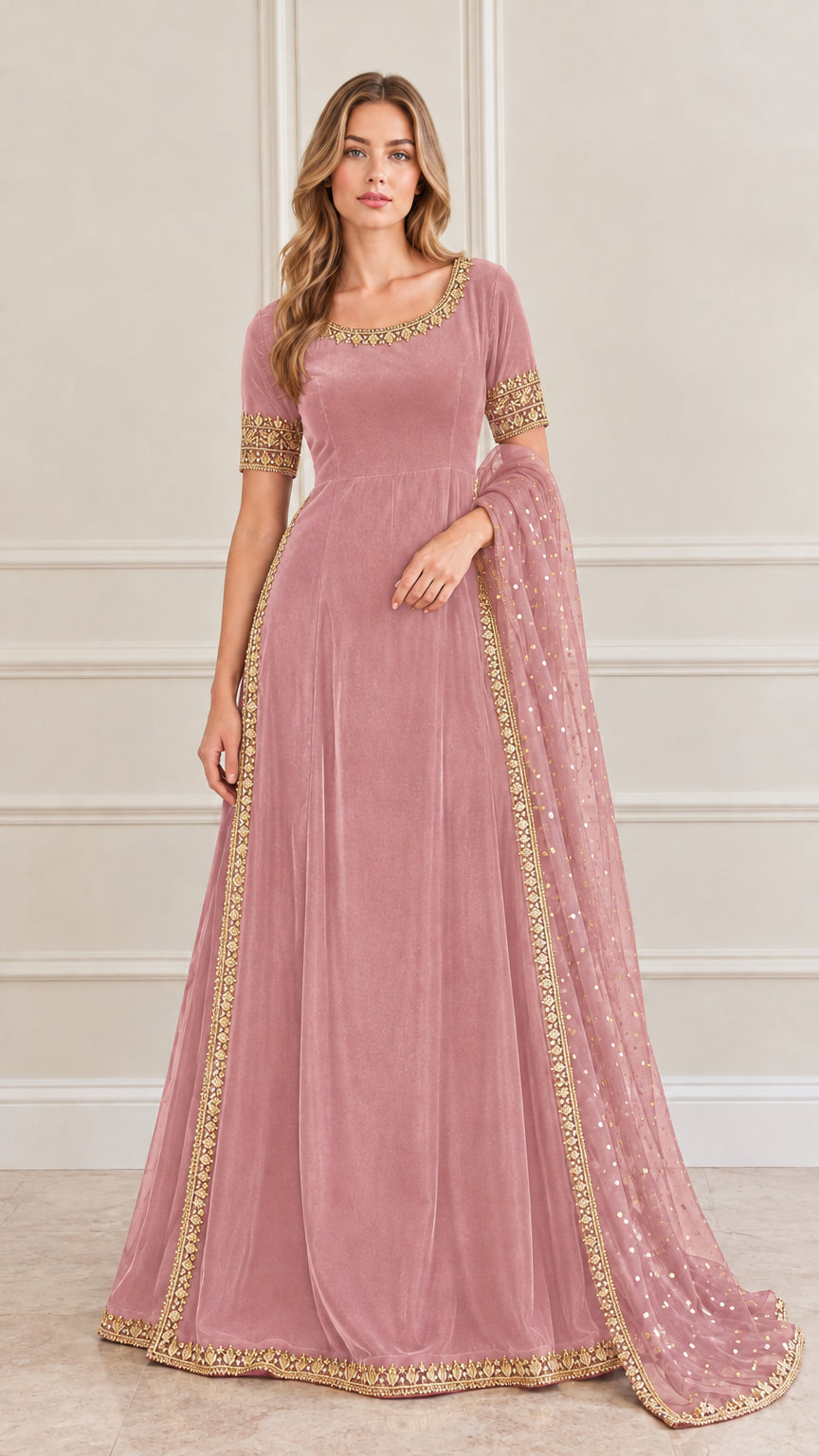 Dusty pink velvet embroidered maxi gown with matching sheer scarf