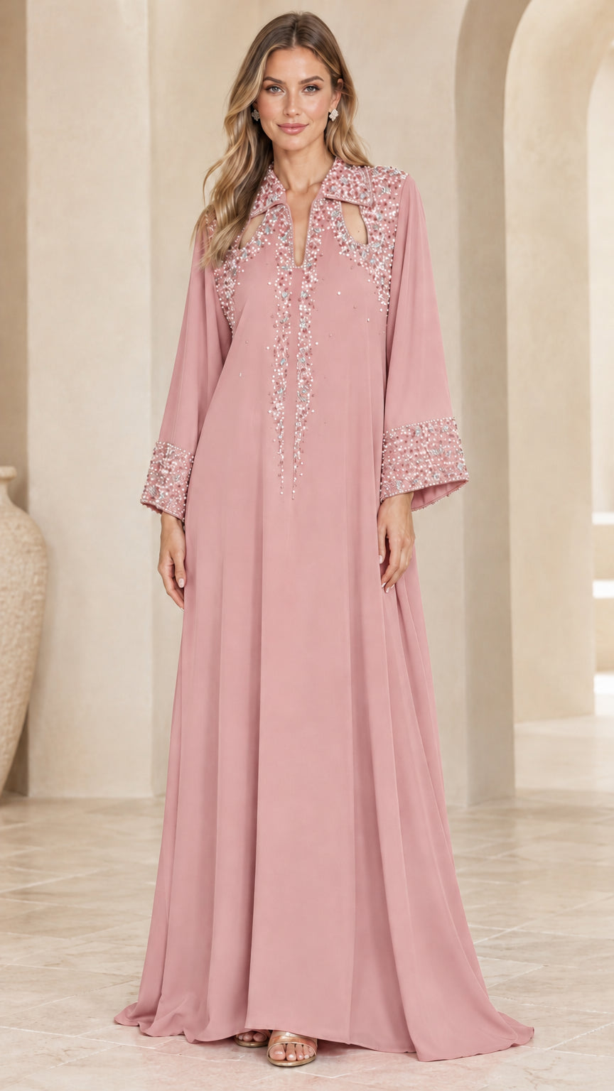 Front view of woman wearing dusty pink beaded collar kaftan maxi dress