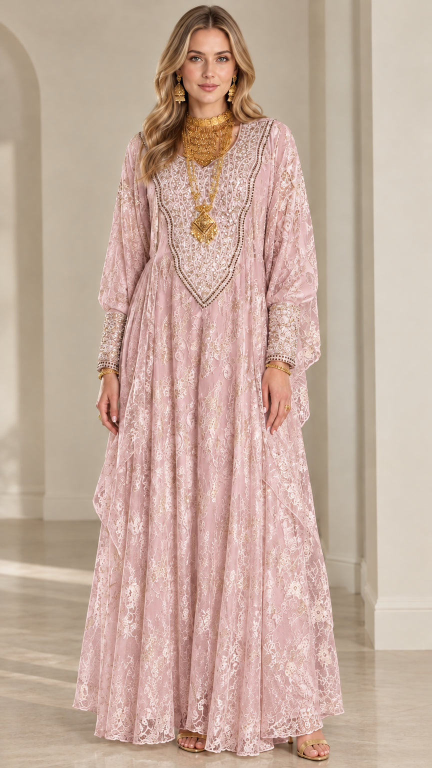 Front view of dusty pink embroidered lace kaftan maxi dress