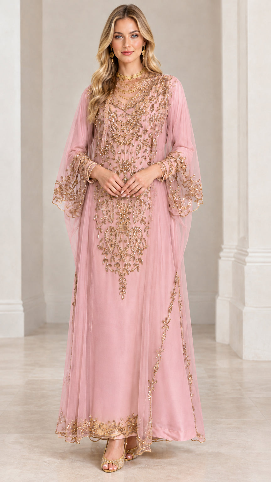 Front view of dusty pink maxi kaftan gown with metallic gold embellishment