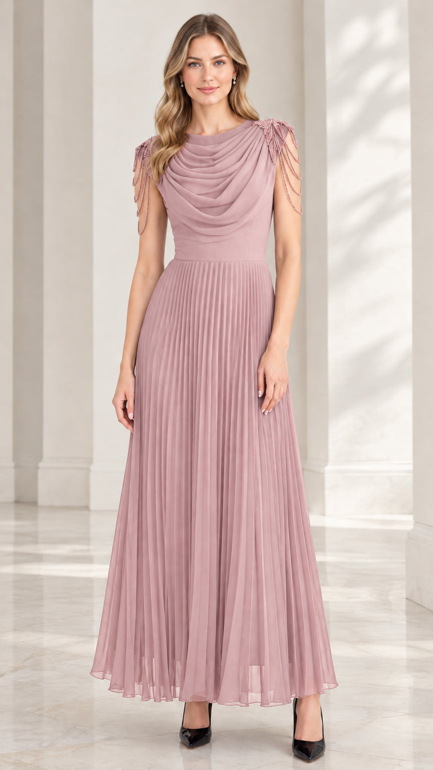 Model wearing dusty rose cowl neck pleated evening maxi dress