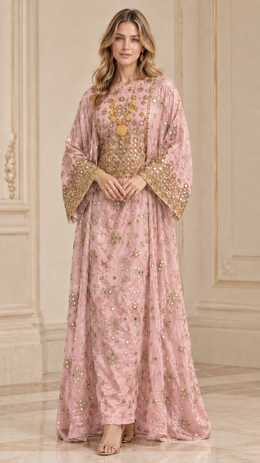 Front full-length view of woman wearing Dusty Pink embellished kaftan maxi dress