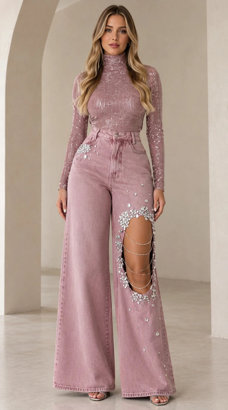 Dusty Pink matching wide-leg embellished jeans and shimmer mock neck top set