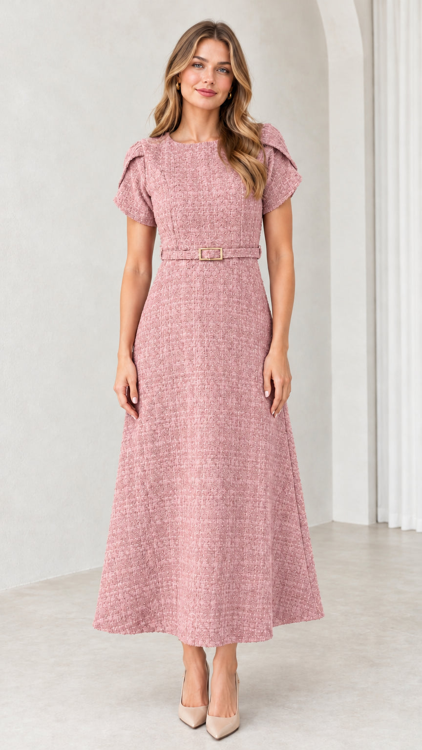 Front view of dusty pink textured tweed belted A-line midi dress