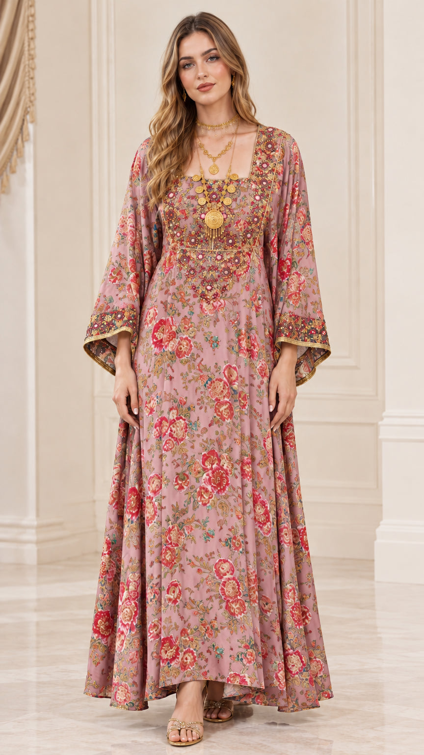 Front view of woman wearing dusty pink floral embroidered bell sleeve maxi dress