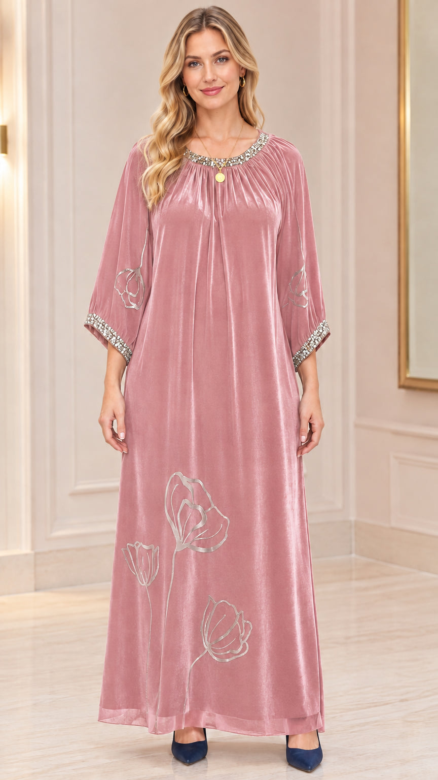 Dusty rose pink velvet maxi caftan dress with rhinestone trim