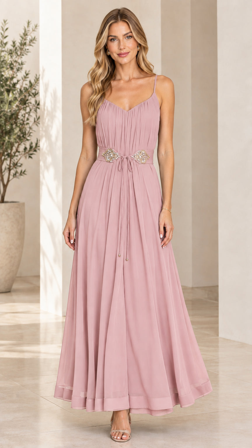 Front full-length view of dusty pink spaghetti strap pleated chiffon maxi evening dress