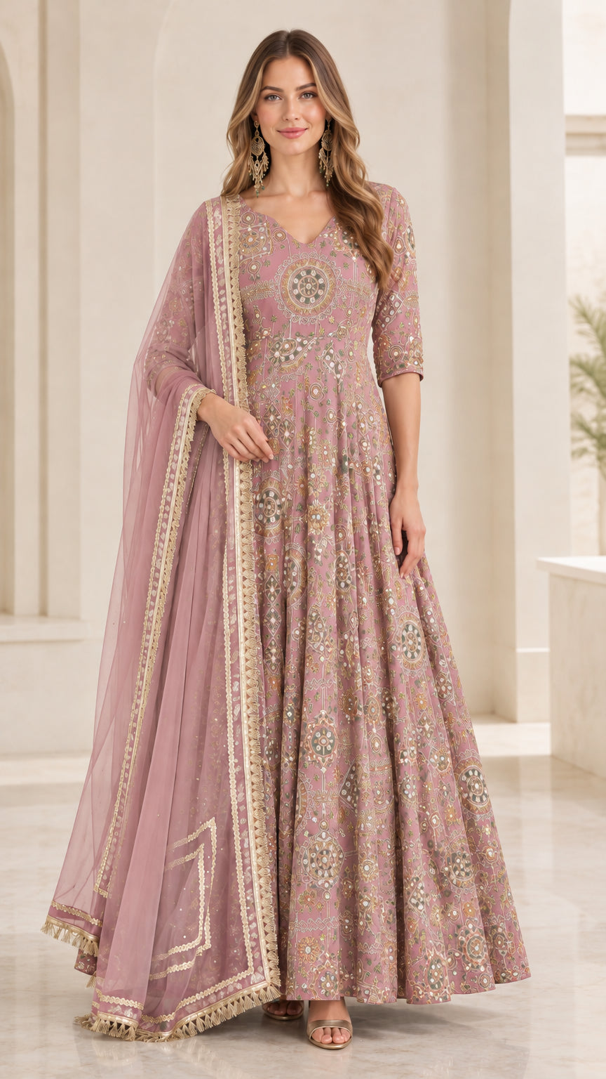Front view of model in Dusty Rose Pink embroidered festive Anarkali gown