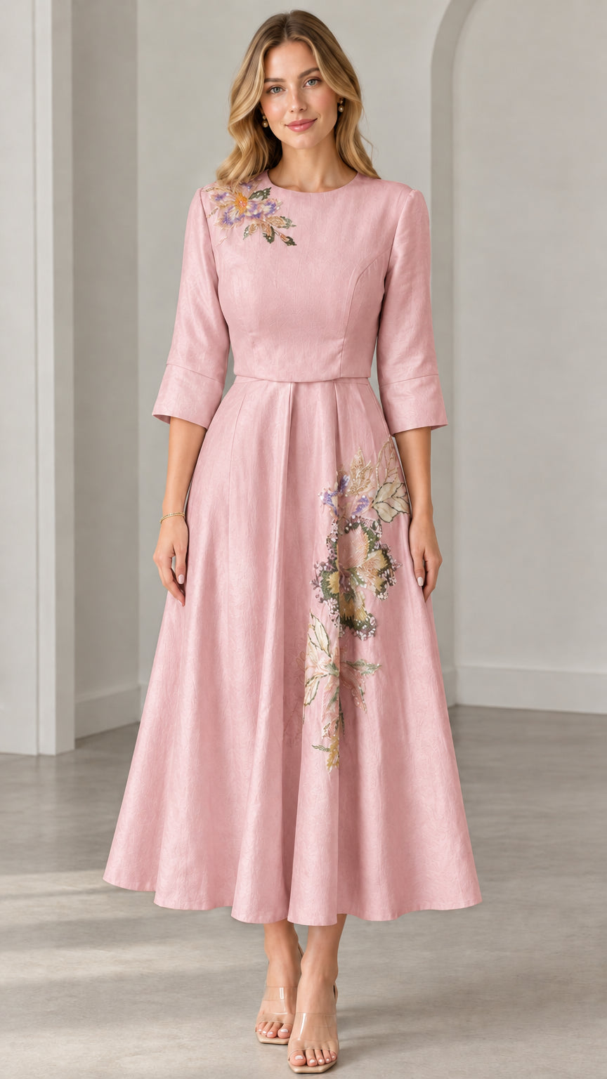 Front view of woman wearing Blush Pink floral embroidered A-line midi dress
