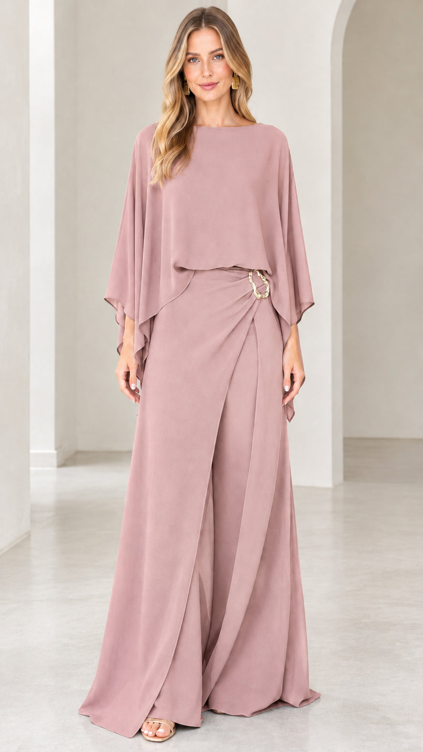 Dusty pink capelet overlay wide-leg evening jumpsuit front view