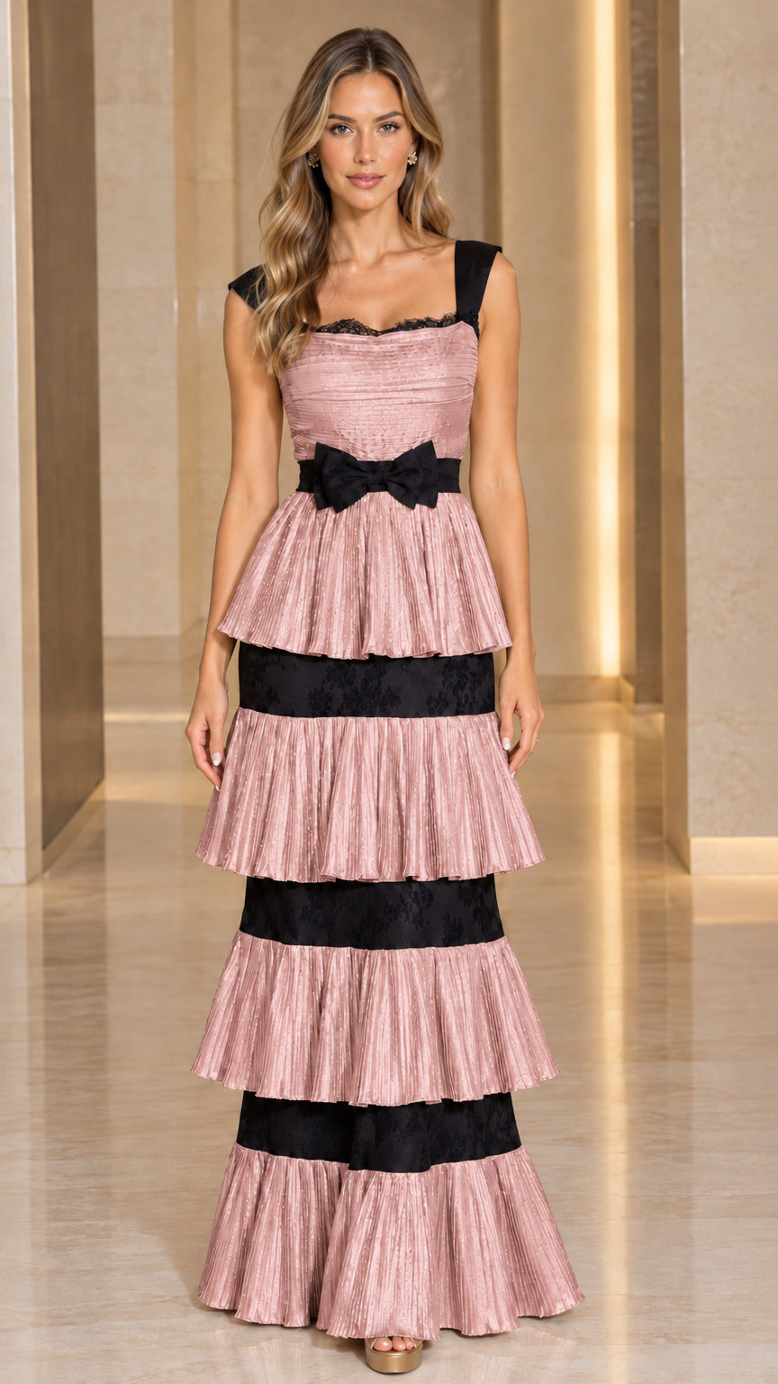Front view of Blush Pink tiered pleated maxi dress with contrast black straps and bow