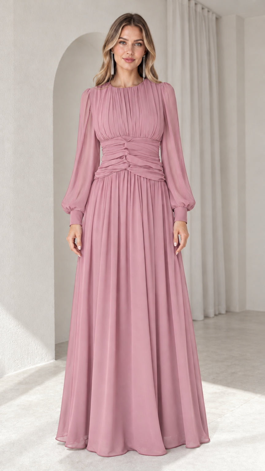 Dusty rose long sleeve chiffon formal dress with gathered waist