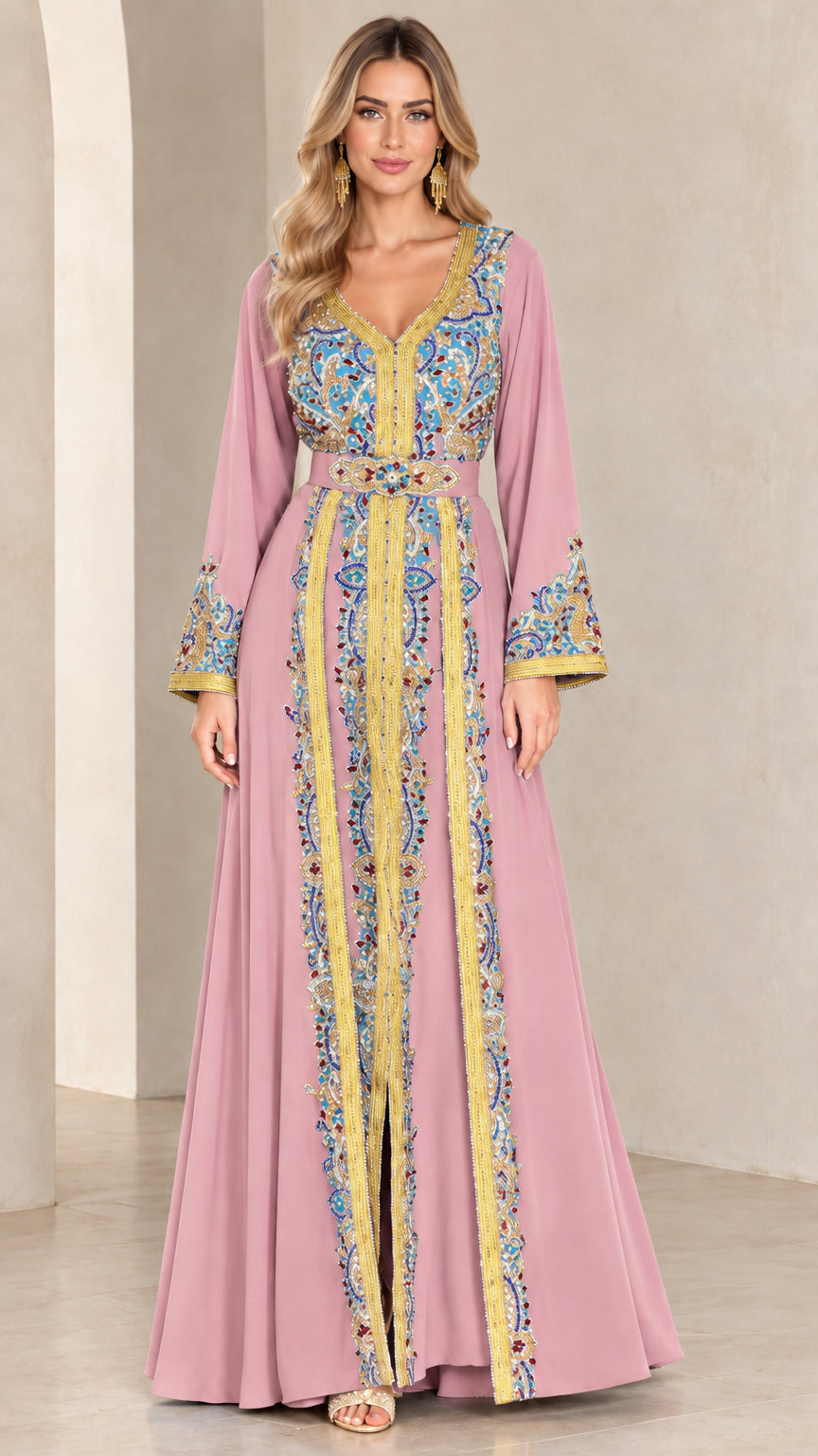 Full front view of dusty pink embroidered formal kaftan maxi dress