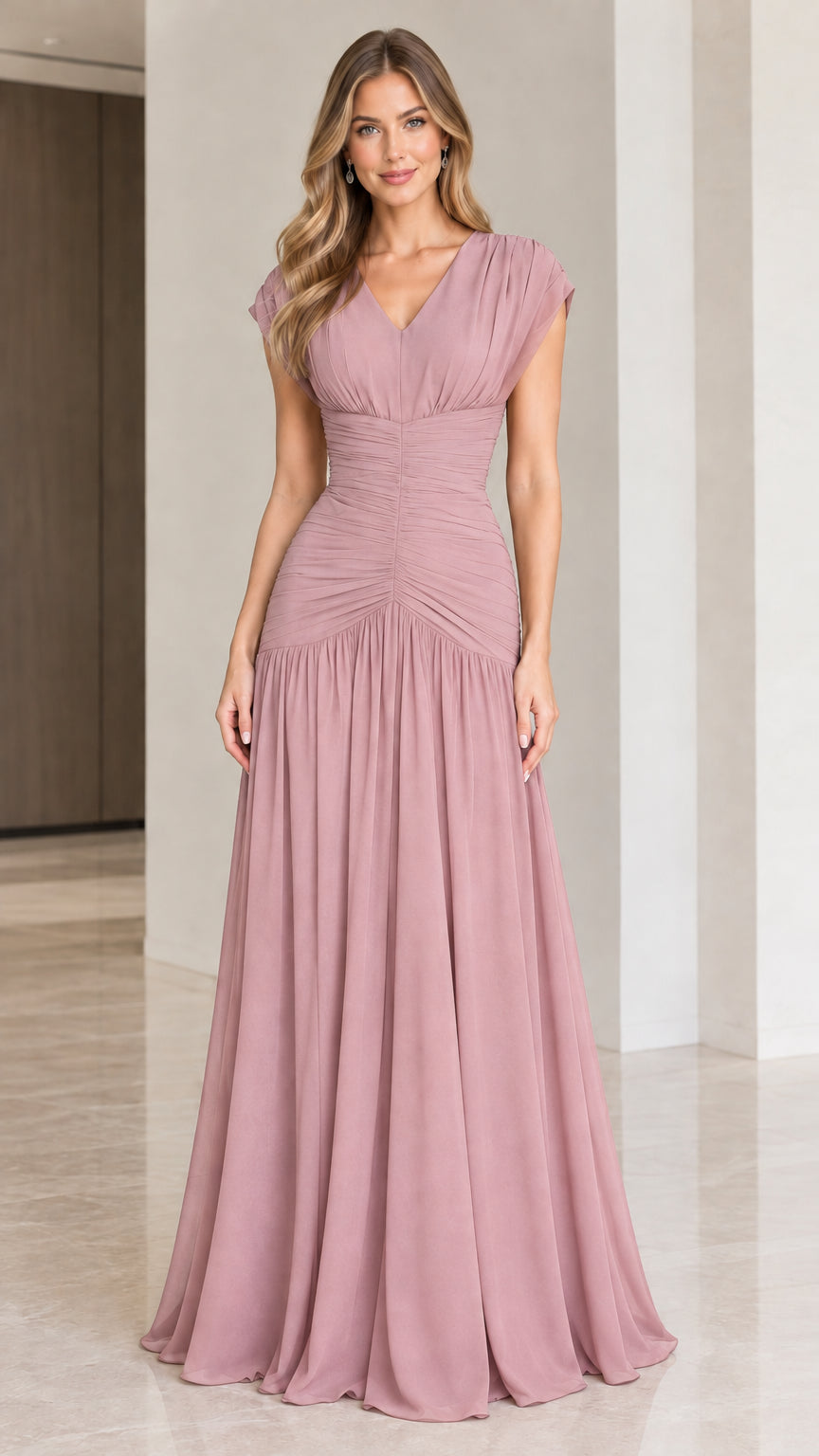 Model wearing Dusty Rose gathered waist bridesmaid maxi dress